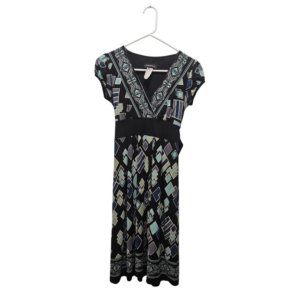 Vintage y2k 90's Teeze Me Babydoll Empire Dress Tie Sz S Geometric Cap Sleeve